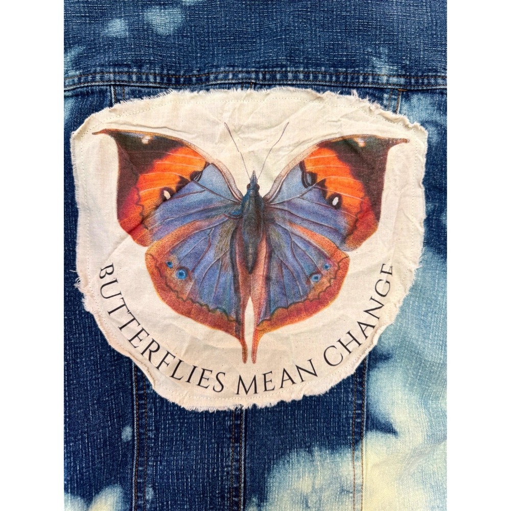 Upcycled Butterfly Jean Jacket | Bleached Fringe Denim | Size S - Picture 4 of 11